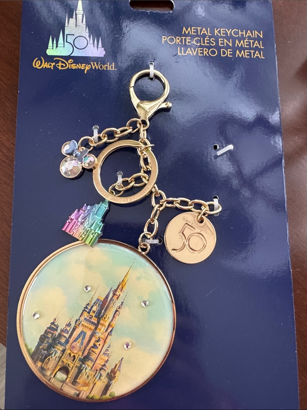 Disney 50th Anniversary Gold Tone Castle Keychain with Pastel Rainbow Accents